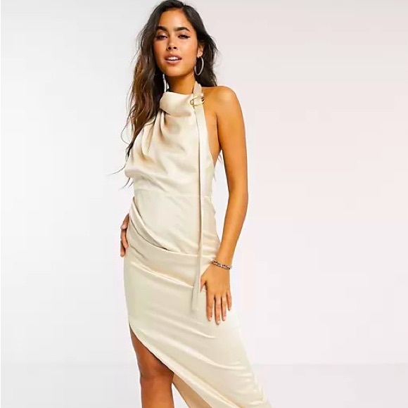 ASOS DESIGN halter drape detail midi dress with buckle in textured satin crepe - Picture 1 of 12